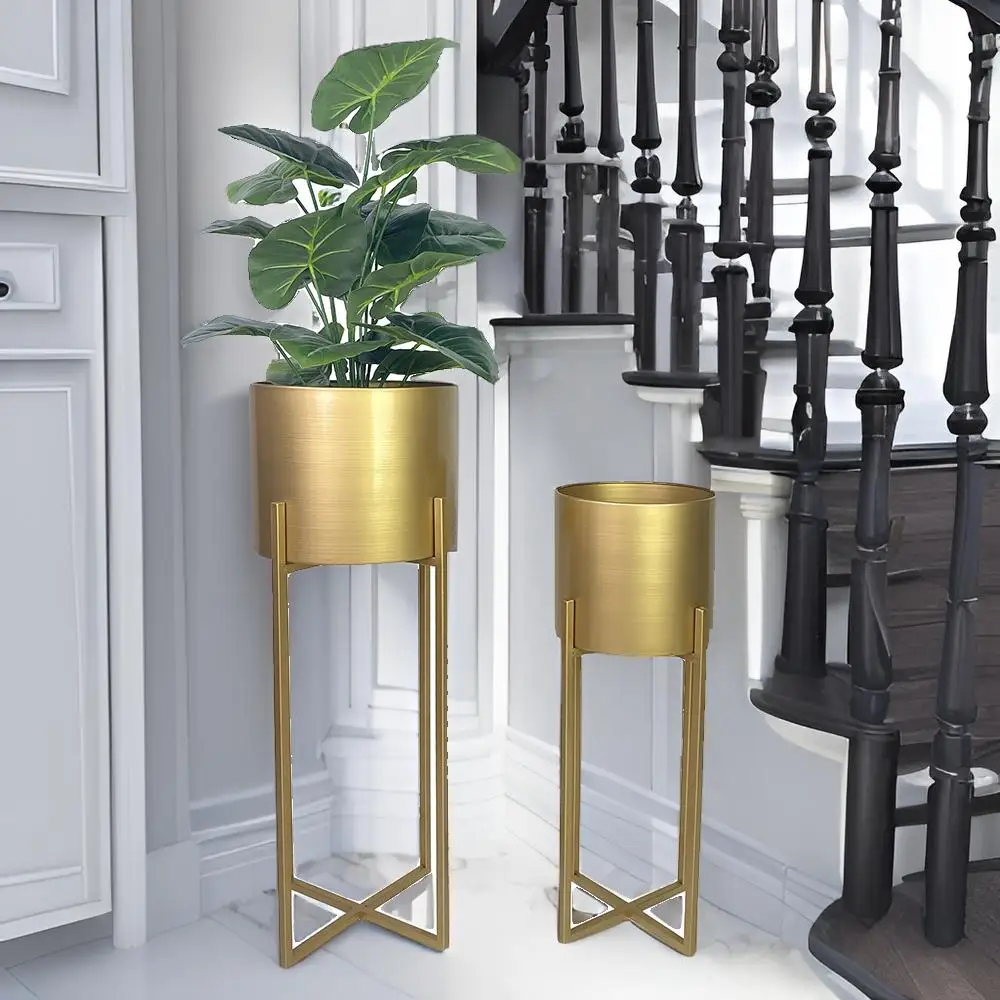 2 sets Modern Luxury & Mid-Century Style Gold Tall Floor Planters Metal Plant Pots with Stands for Home Decor