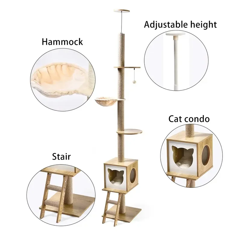 Cat Tree Wall Mounted Tall Scratching Post Ceiling Climbing Tower for Indoor Cats