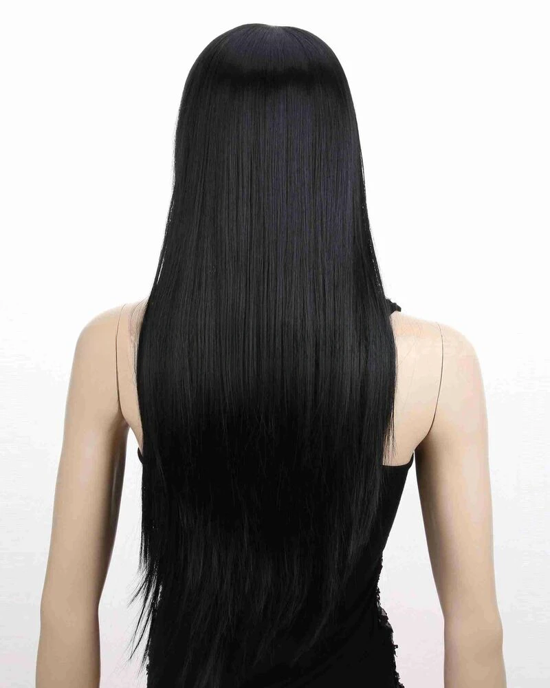 Long Straight  With Bangs Black Synthetic Hair Heat Soft Wigs