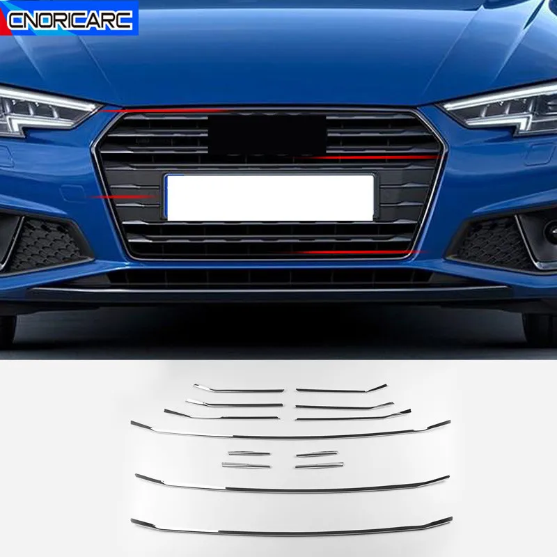 Stainless Steel Car Styling Front Grille Grid Decoration Cover Trim Grill Strips For Audi A4 B9 2017-2019 13pcs Exterior Molding