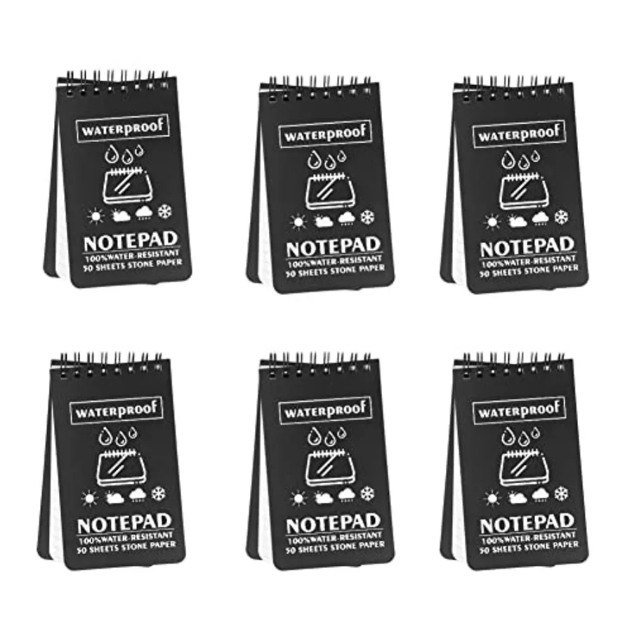 

6 Pack Waterproof Notebook, 3 x 5 Inches Pocket Notepad, All-Weather Memo Pads with Top-Spiral, Tactical Steno Pads with Grid f
