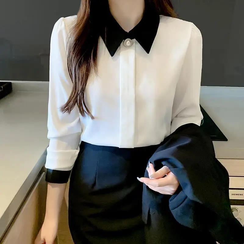 Fashion Lapel Spliced Button Oversized Chiffon Shirt 2022 Autumn New Casual Tops Elegant Women\'s Clothing Office Lady Blouses