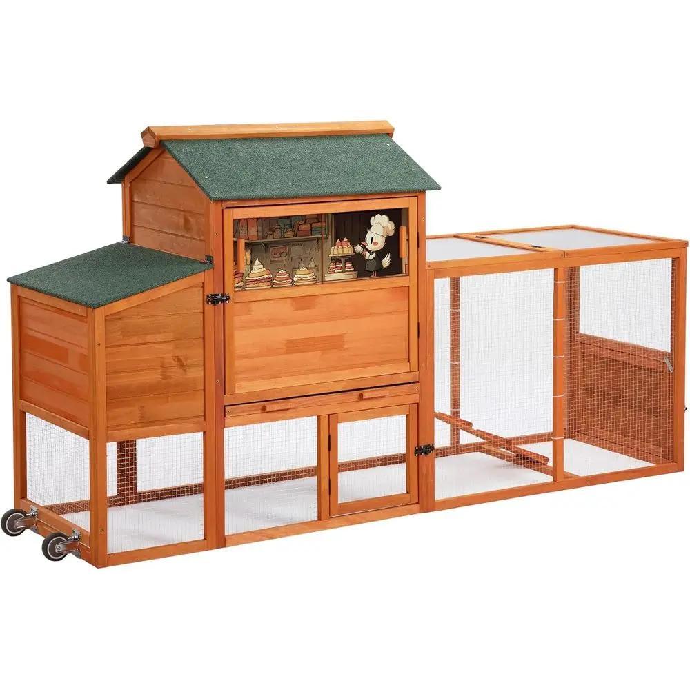 Large Wooden Chicken Coop Mobile Rabbit Hutch with Wheel, Orange | Weatherpro asphalt roof & sunshine board, Anti-slip p, Pull-o