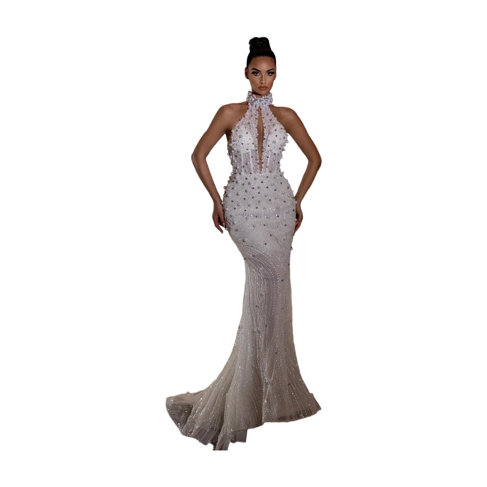 Luxury Mermaid Wedding Dresses High Collar Beads Appliques Lace Bridal Gowns Sweep Train Lace-Up Back Customized Robe De Mariée