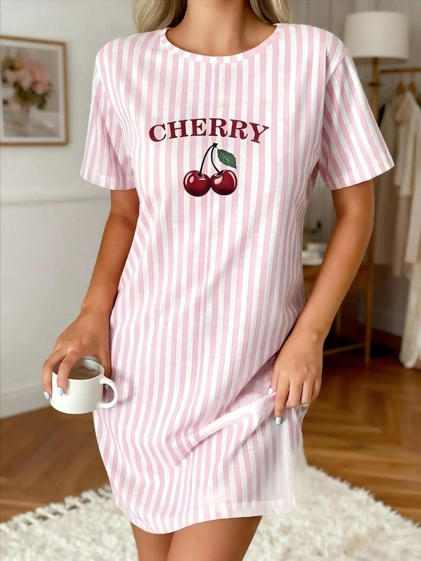 

Women's Pink & White Striped Round Neck Short Sleeve Nightgown with Fruit Print