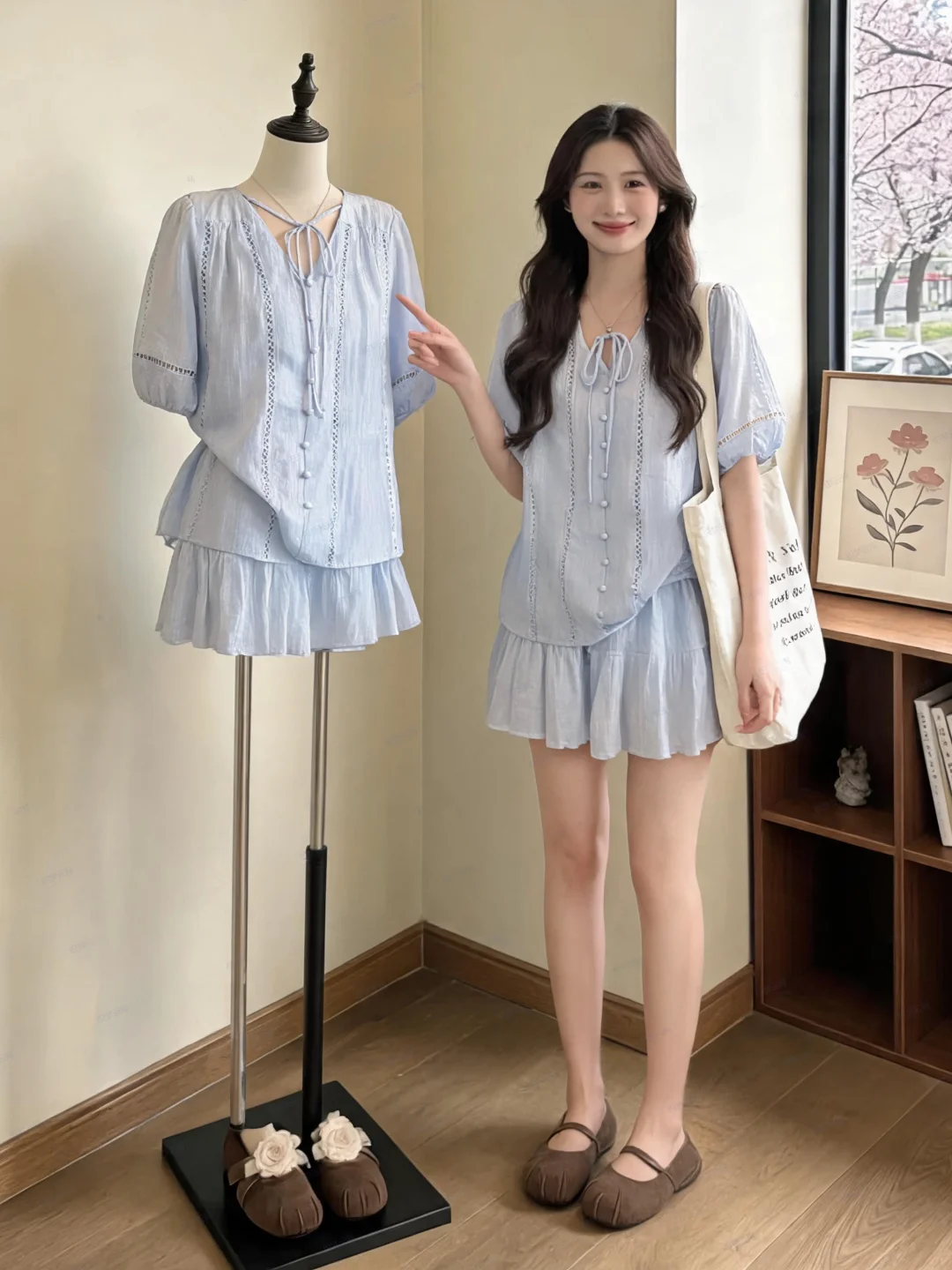 Slimming Effectiveness Large Size Women's Summer Outfit Short Sleeve V-Neck Shirt Shorts Skirt Set High Waist A-Line Dress