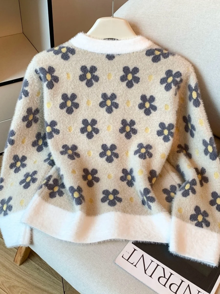 Miękki kardigan damski z dzianiny z aksamitu norek w delikatnych kolorach, słodki sweter na jesień i zimę, oryginalny projekt, luźny krój, nadruk...