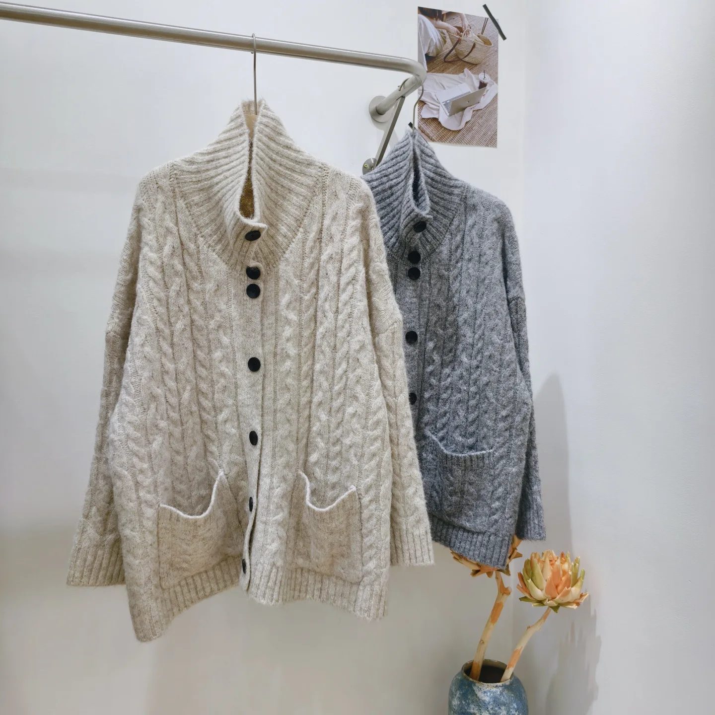 

Autumn Winter New Cashmere Sweater Women's Clothing Thick Coat Stand Collar Knitted Cardigan Fashion Tops