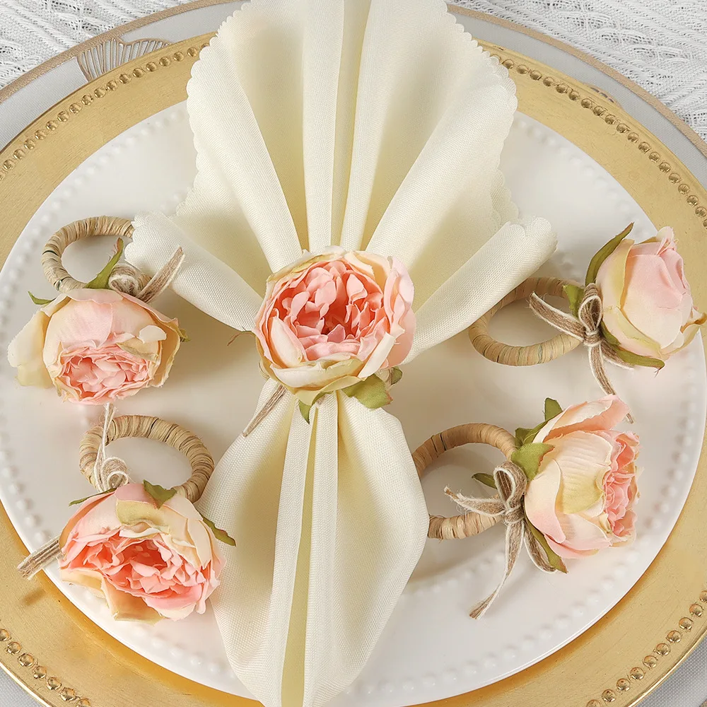 New Hand-woven Three-dimensional Pink Rose Napkin Ring, Hotel Table Simulation Flower Napkin Buckle