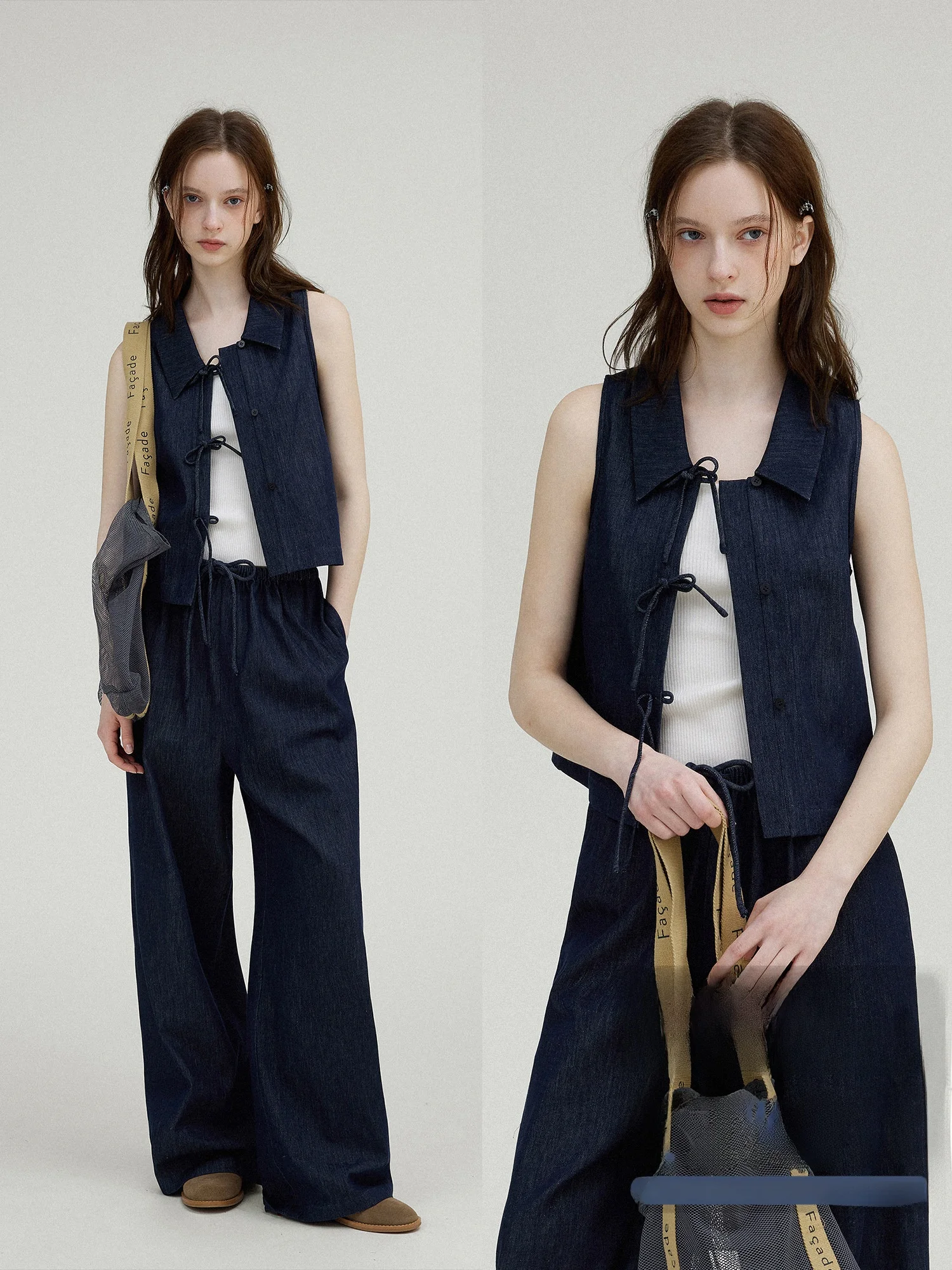 

Le Vintage Women's Vintage Denim Knot Svel irt And Jeans Set Long Pants Cotton Waed 00% Summer Faion