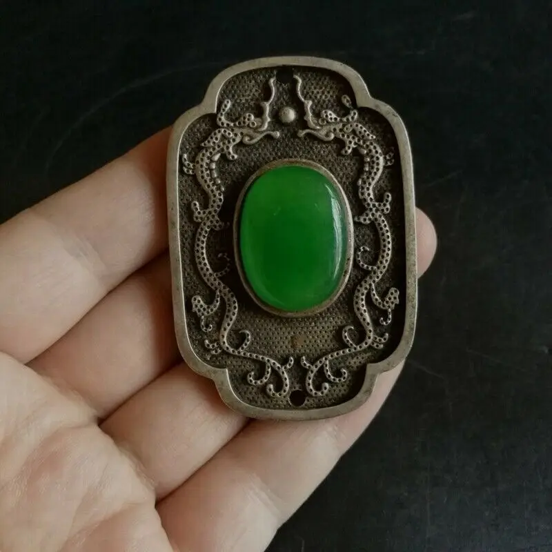 

Exquisite Chinese Old Tibet Silver Inlay Green Jade Double Dragon Pendant