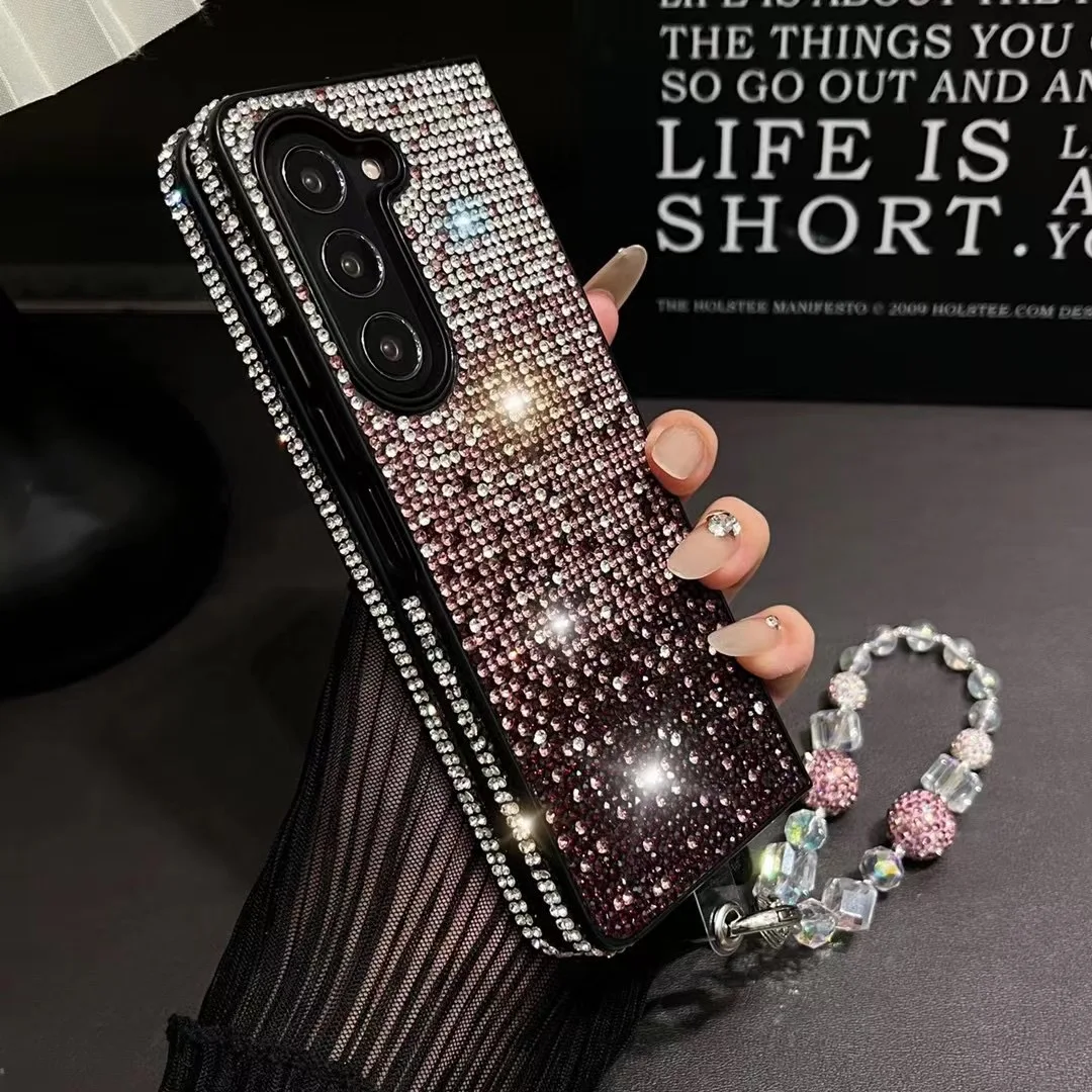Bling Gradient Full Diamond Case for Samsung Galaxy Z Fold 6 Z Fold 5 Z Fold 4 Z Fold3 Woman Shiny Gem Bracelet Protective Cover