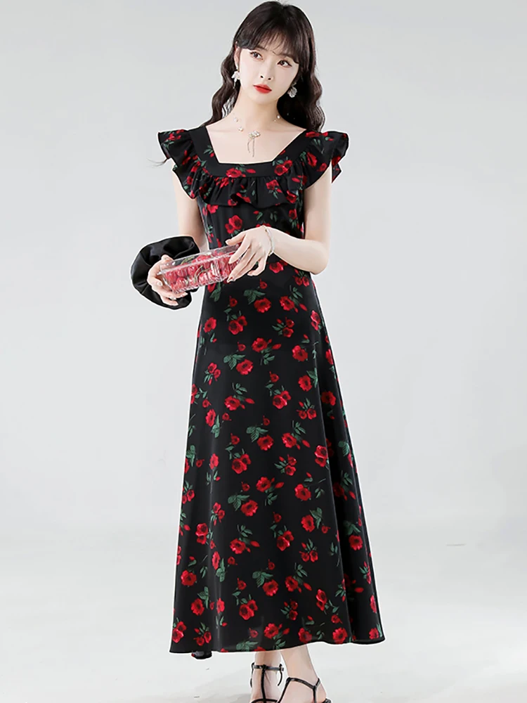 夏黒シフォンレッド花柄シックなフリルスクエアカラードレス女性韓国ヴィンテージヘップバーンドレス 2025 エレガントなボディコンドレス