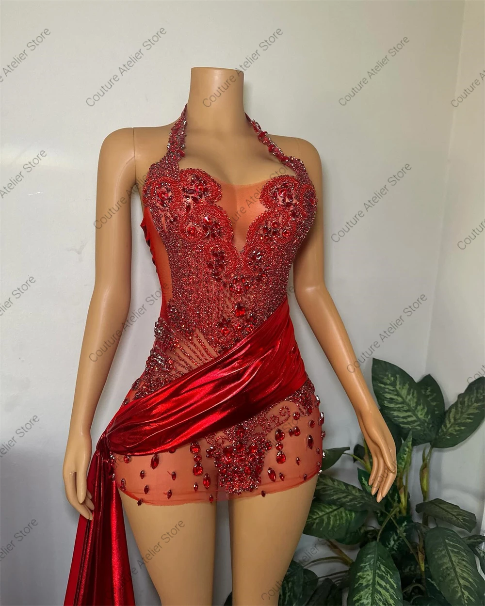 Vestido de fiesta rojo 2024 con tren Halter cristales cuentas de diamantes de imitación fiesta de cumpleaños cóctel africano vestidos de fiesta personalizados