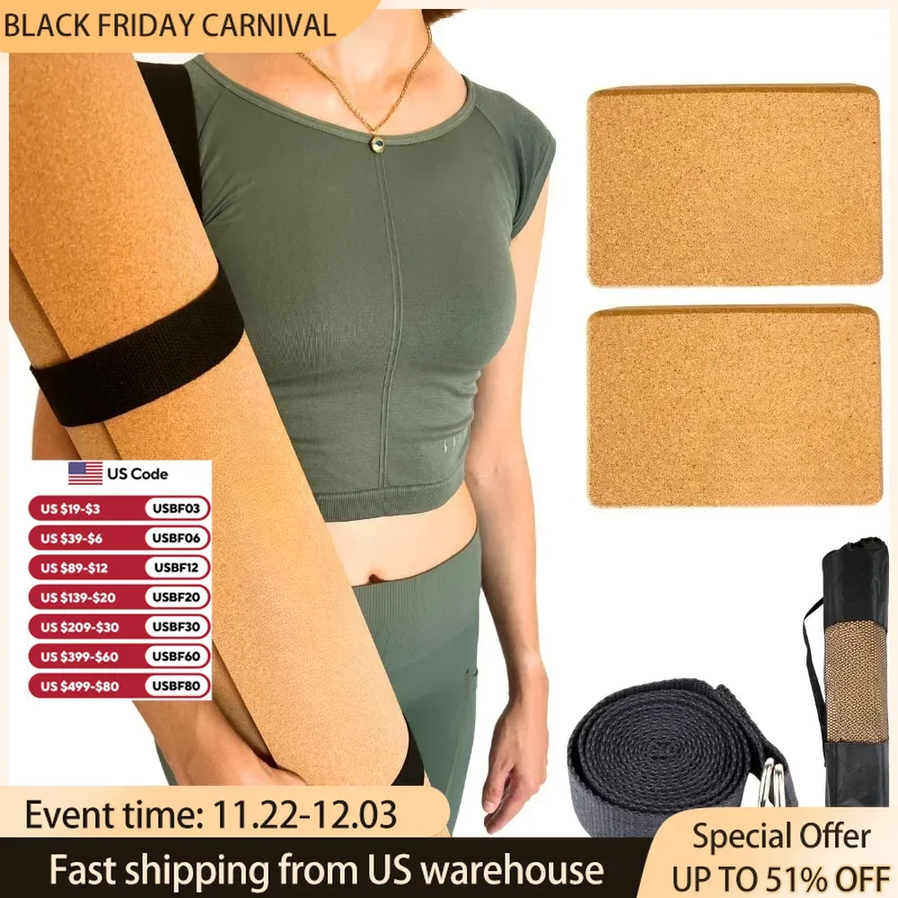 Premium Cork Yoga Kit 5-pieces, Lightweight Cork Yoga Mat, 2 Cork Blocks, Strap & Bag, Eco-Friendly, Customized Home Gym