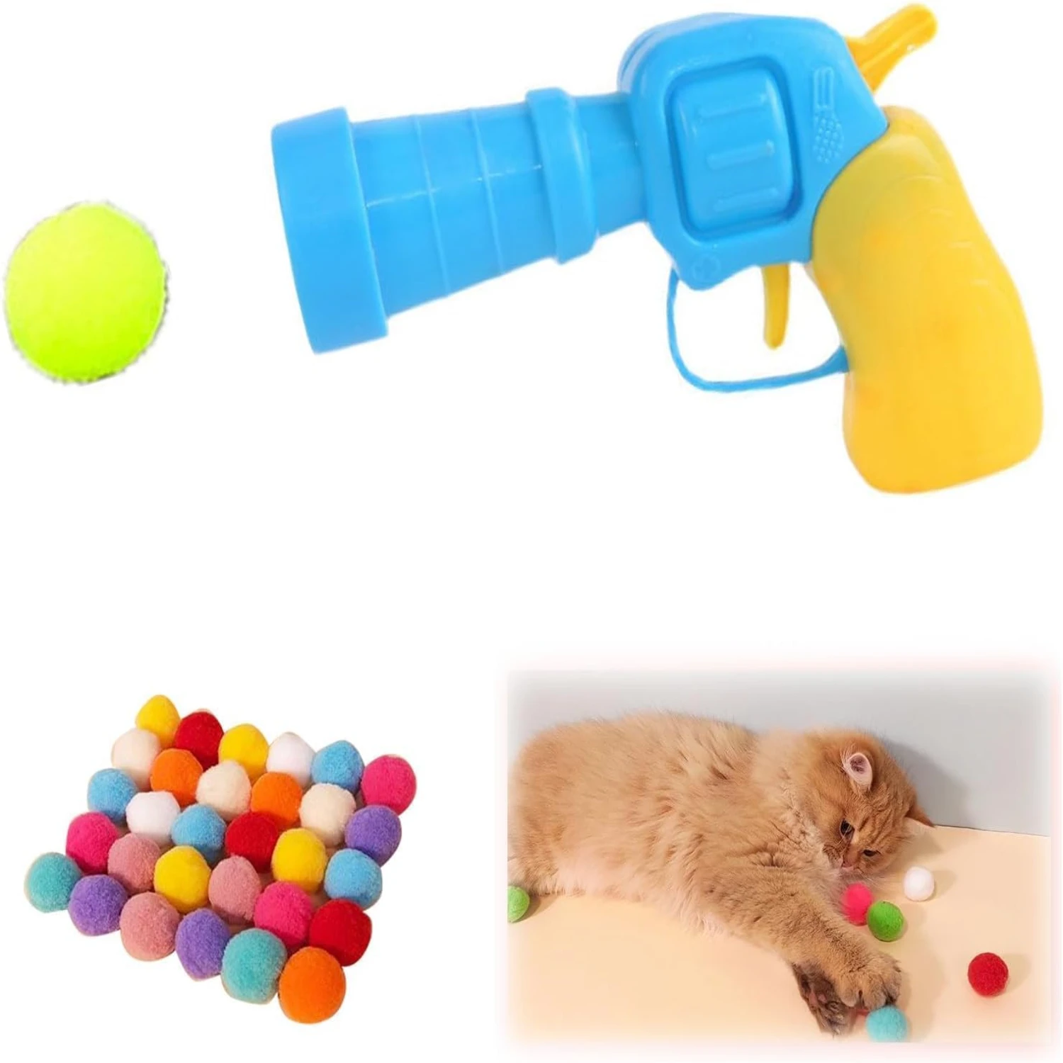 Interactive Indoor Peppy Pet Plush Ball Shooting Gun - Mini Foam Balls Blasters for Pet Hairball Fun Toys - Exciting Cat Toy wit