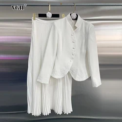 VGH Solid Two Piced Set For Women Stand Collar Long Sleeve Spliced Button Tops High Waist Skirt Chic Elegant Outfit Female New