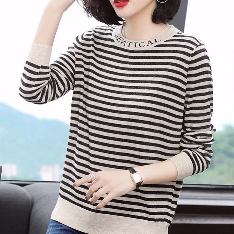 Autumn Fashion All-match O-neck Letter Pullovers Women Clothing Casual Loose Striped Knit Sweaters Lady Elegant Long Sleeve Top