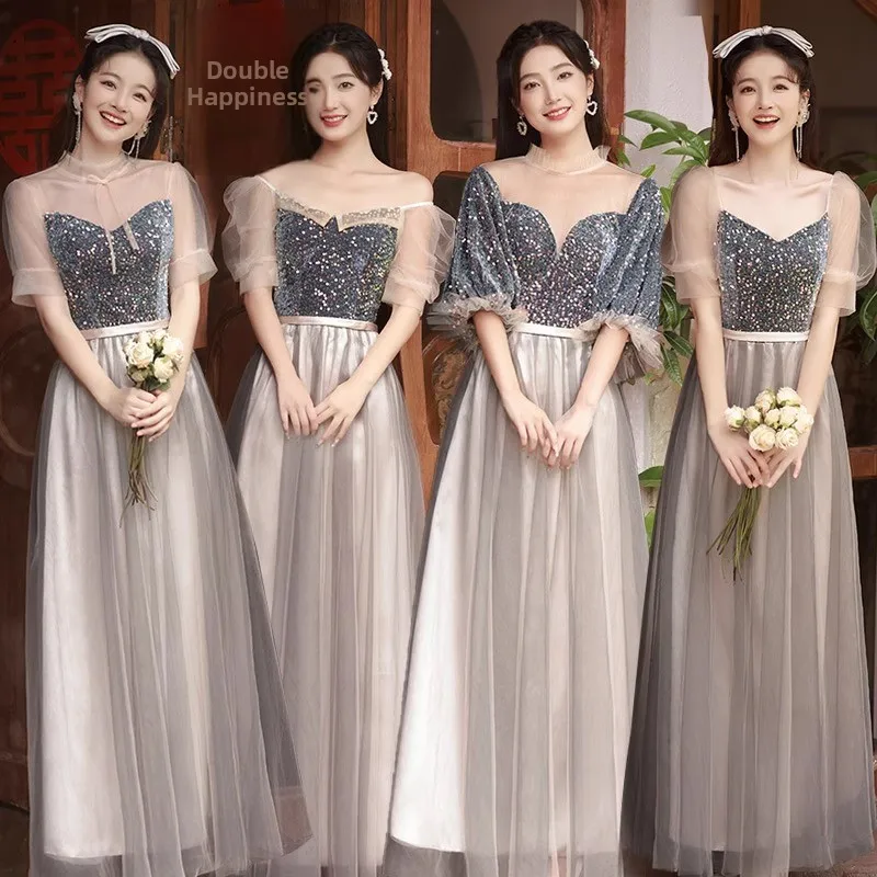 

Long Sequin Maids Dress Fashionable Slimming Evening Gown for Sister Groups Wedding Parties Performances Polyester Fabric