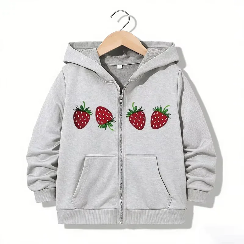 Adorable Kids Cartoon Strawberry Front Print Zip Up Hooded Jacket Fashion Loose Long Sleeve Outerwear For Girls