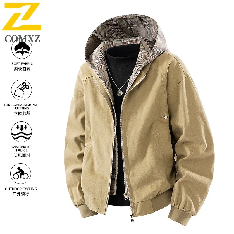 

COMXZ 2025 M 8XL Куртка больших размеров Мужская американская искусственная двухсекционная куртка с капюшоном Унисекс Винтажная стираная куртка с различными нашивками