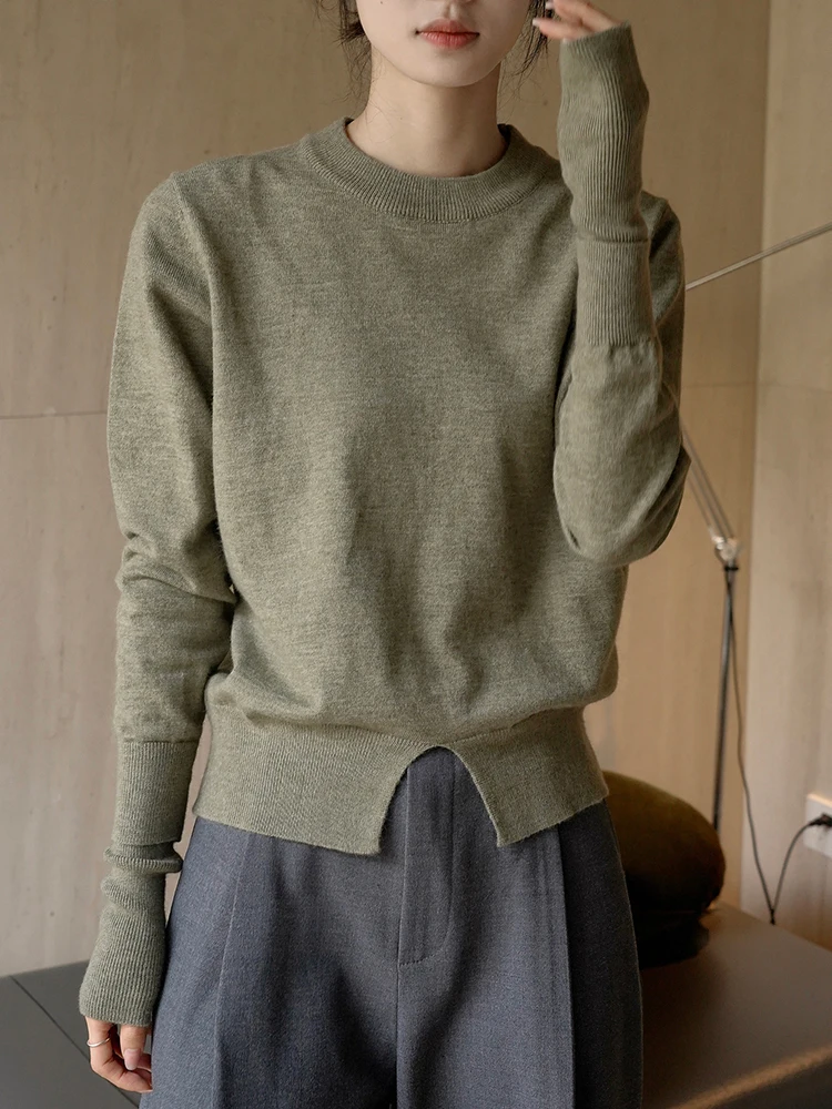 Beige Hem Slit Knitting Sweater Loose Fit Round Neck Long Sleeve Women Pullovers New Fashion Spring Autumn