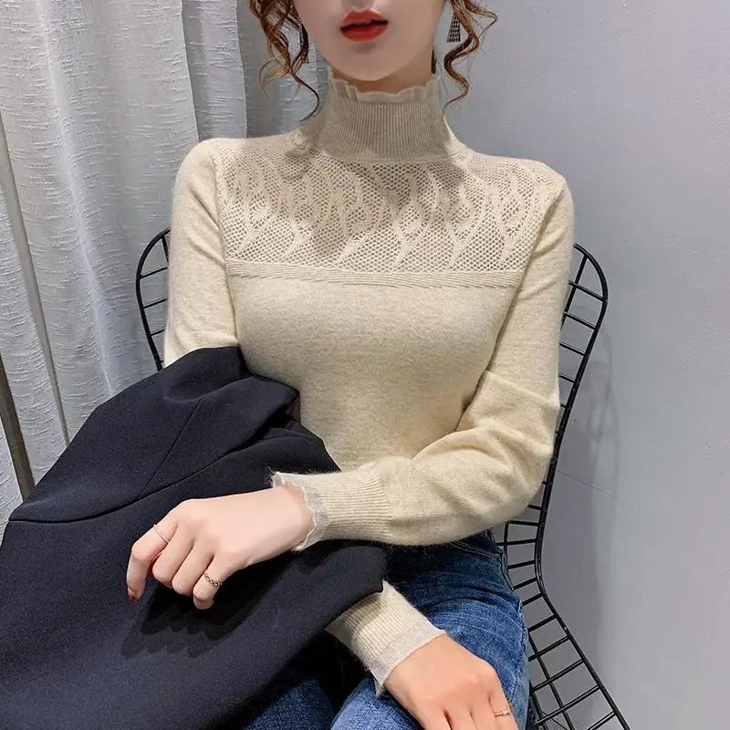 Autumn and Winter Women\'s Pullover Half High Collar Lace Hollow Out Solid Fashion Casual Elegant Commuter Long Sleeve Sweater