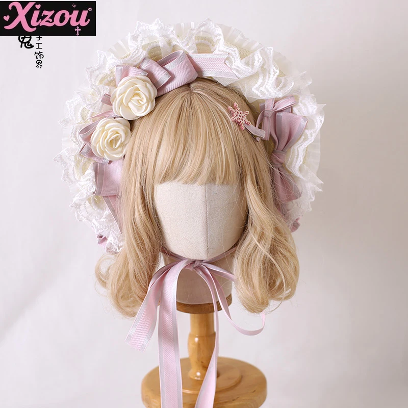 

Original Handmade Light Pink Bonnet Lolita Lace Headband Lolita Headband Series Small Objects Hand Sleeves Women