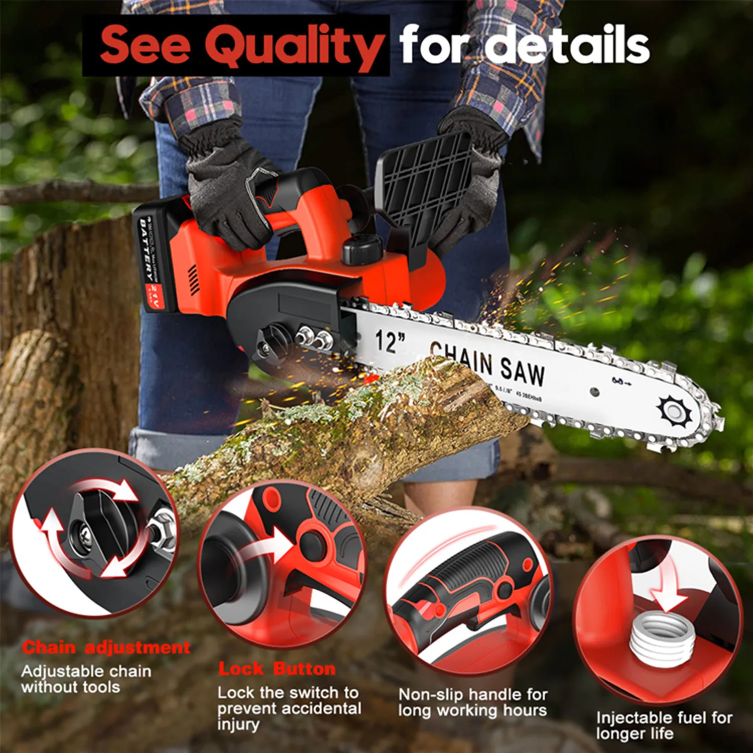 12 Inch Cordless Electric Chainsaws 21V Handheld Brushless Chain saws Kit with Battery Tool Storage Box for Garden Tree Wood Cut