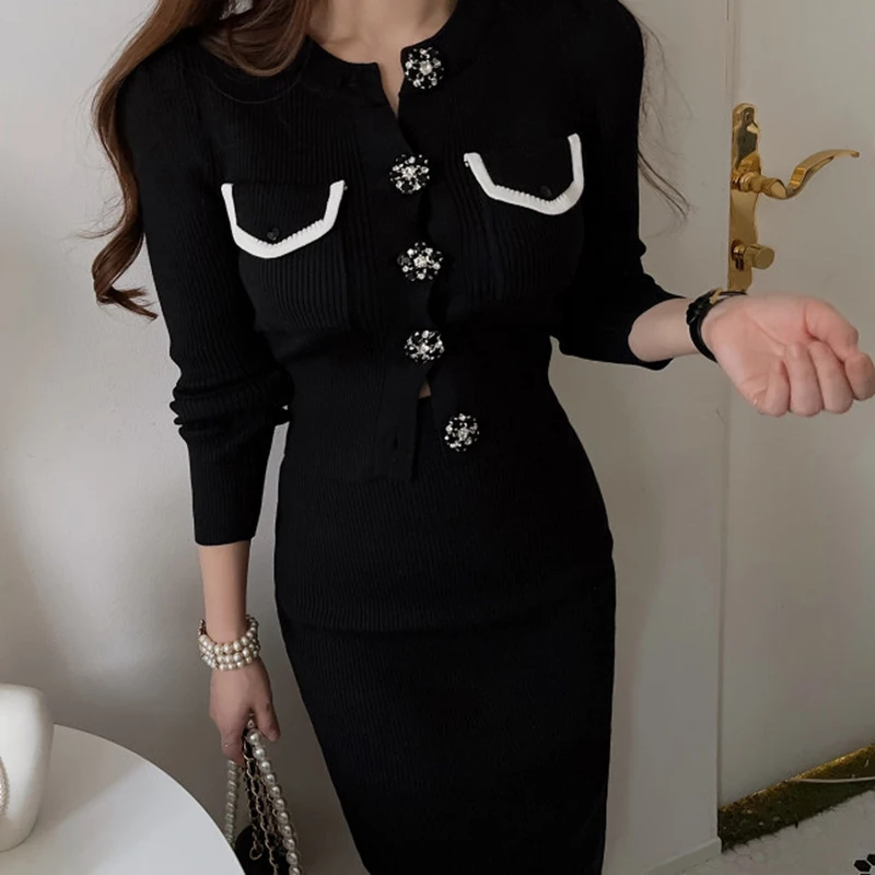 

Korea Fashion Designer For Women Knitted Two Piece Set Diamonds Button Cardigan Sweater + Bodycon Pencil Skirt Elegant OL Suit