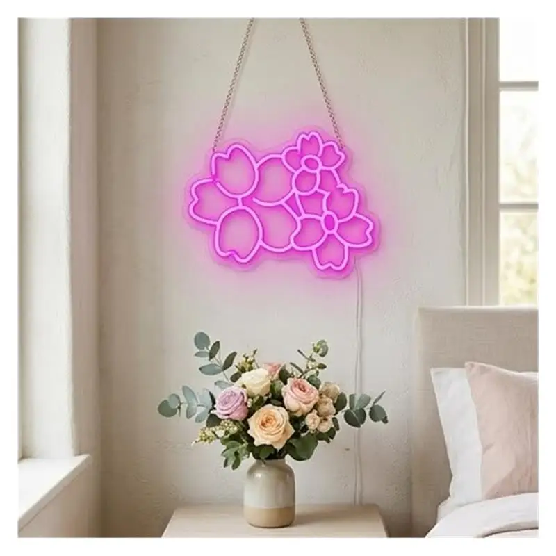 Flower Neon Sign USB Powered Adjustable Brightness Cherry Blossom Neon Lights, Suitable For Room Hanging Decor 28cmx38cm