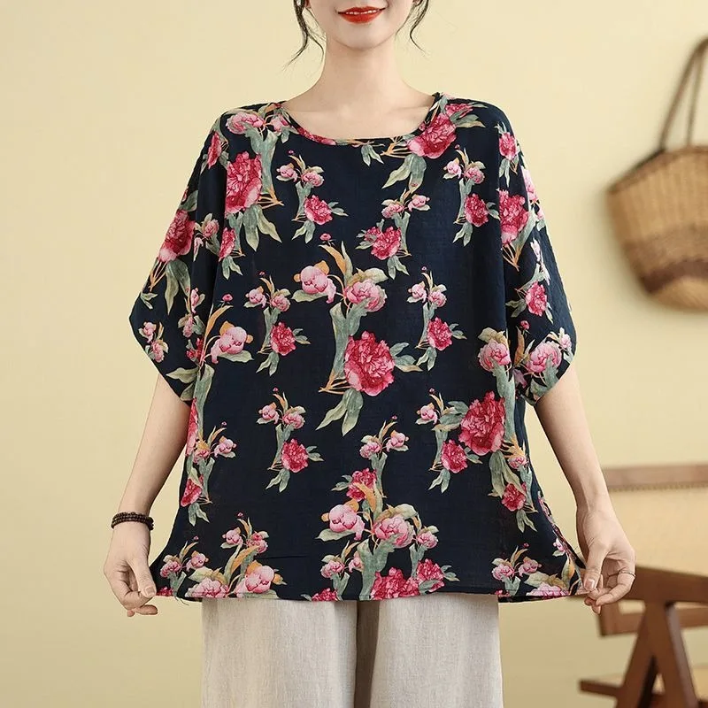 Women's Peony Floral Print Linen Blouse Loose Fit Batwing Sleeve Round Neck Top