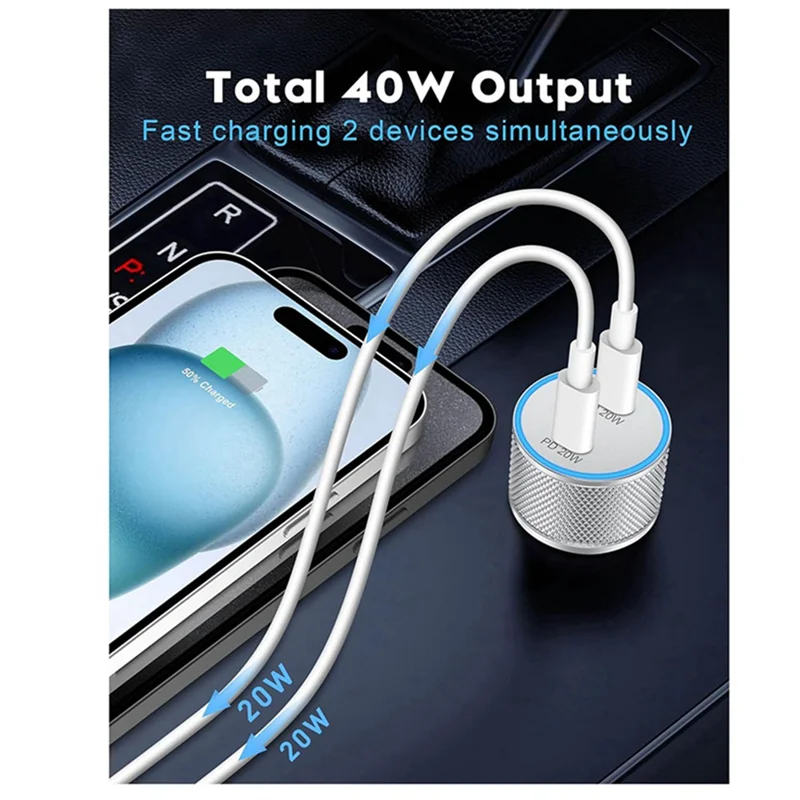 ABZZ-cargador de coche, paquete de 2, 40W, puerto dual, USB C rápido, adaptador de encendedor de energía con Cable USB C a C de 3 pies, 1 Juego