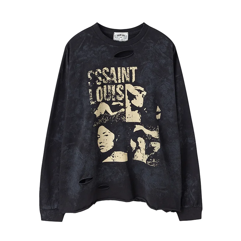 Sssaint Louis Portrait Lettering Heart Graffiti Print Washed Vintage Damaged Casual Men's and Women's Long-Sleeved T-Shirt