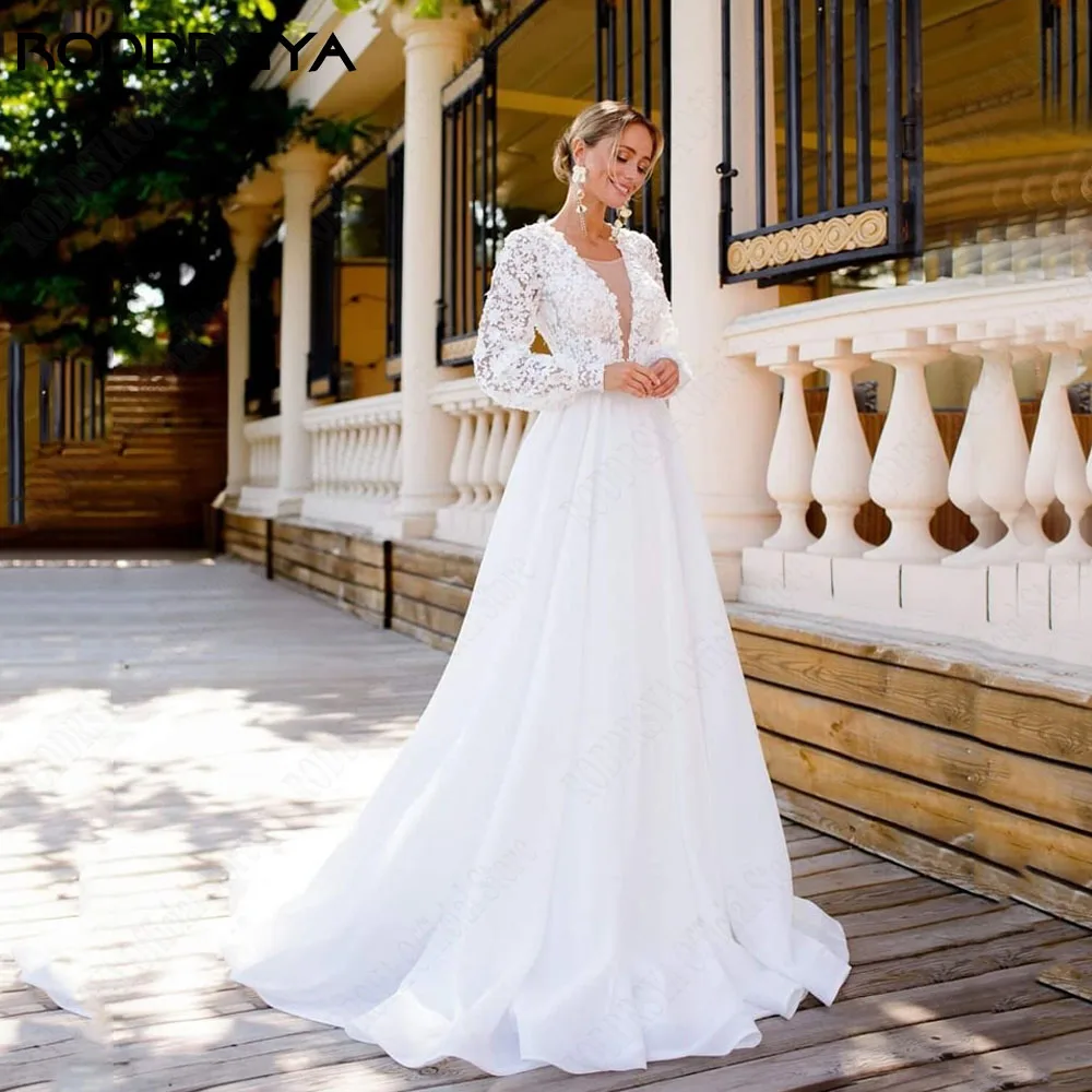 Roddrsya robes de mariée civile 2024 manches bouffantes col en V robes de mariée applique a - word robes de maRODDRSYA-Robe de Mariée Civile à Manches Bouffantes et Col en V, Vêtement de Forme Trapèze, sur Mesure, 2024