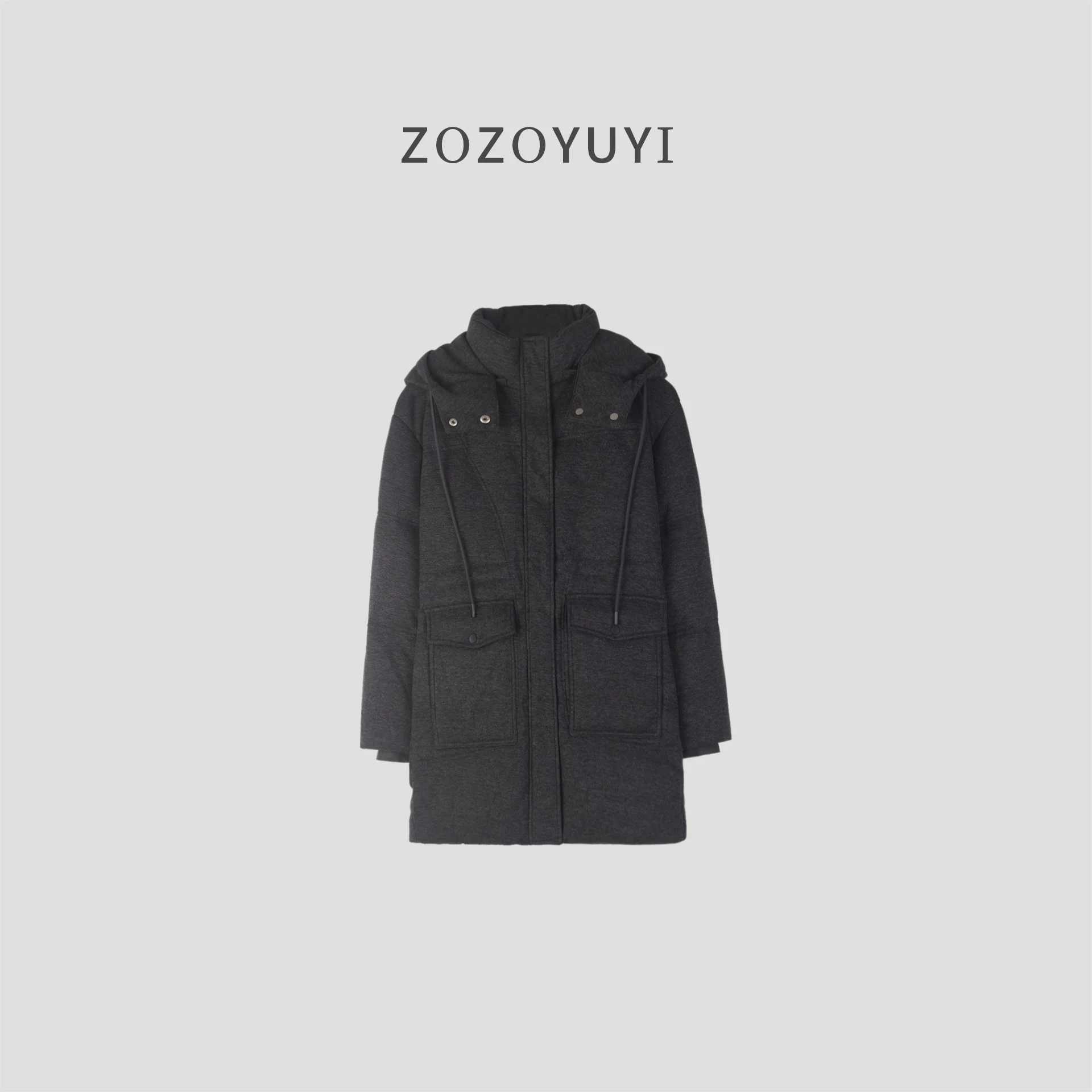 เสื้อแจ็คเก็ตขนห่านผสมขนสัตว์สำหรับฤดูหนาวปี 2025 แบบมีกระเป๋าคู่ ฮู้ดถอดได้ ความยาวปานกลาง อุ่นสบาย พร้อมเข็มขัดสำหรับผู้หญิง