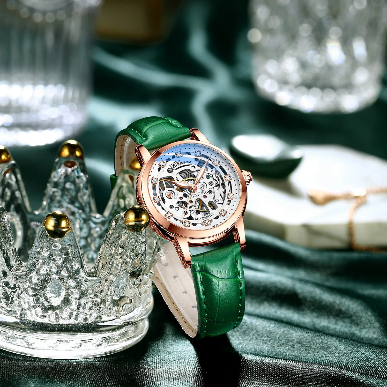 Fashion Ladies Skeleton Mechanical Watch Auto‑wind Diamond Studded Waterproof Elegant Wrist Watch for Women Casual Occasions