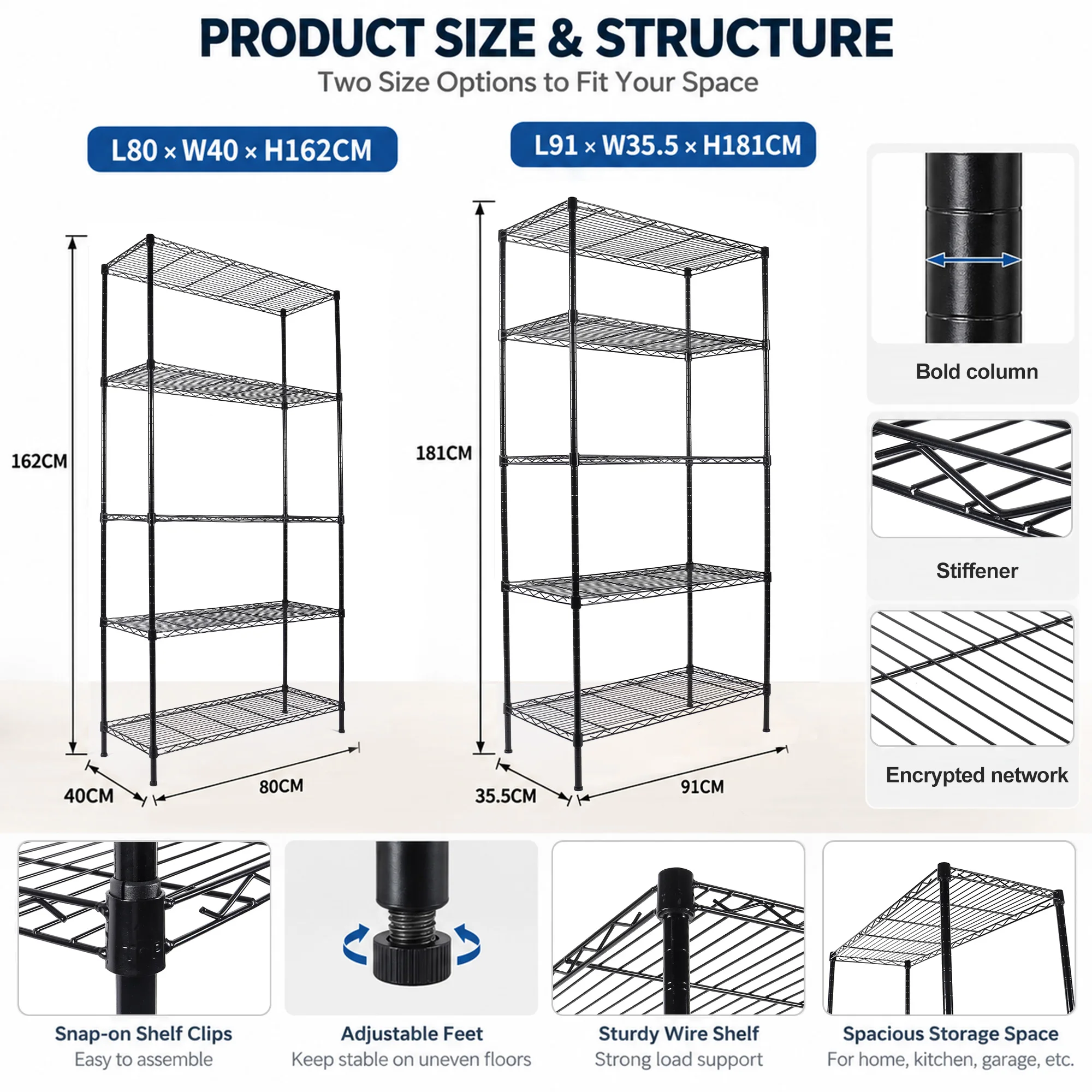 Heavy Duty 5-Tier Wire Shelving Adjustable Shelves Unit Metal Storage Rack for Laundry Kitchen Pantry Garage Closet Organization