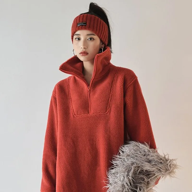 Women's Sweatshirts Fairy Winter Autumn Hoodies Tops Pullover Padded Thickened Flip Collar Pelletized Velvet Simple Loose 3