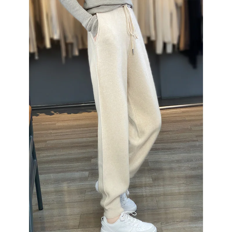 Women Winter Wool Harlan Pants Drawstring High Waist Straight Korean Loose Sweatpants Long Trousers Autumn Warm Pencil Pants