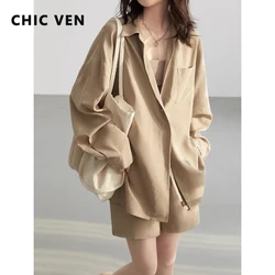 CHIC VEN Women Shirts Solid Loose Casual Linen Shirt Female Blouse Drawstring Elastic High Waisted Shorts Spring Summer 2024