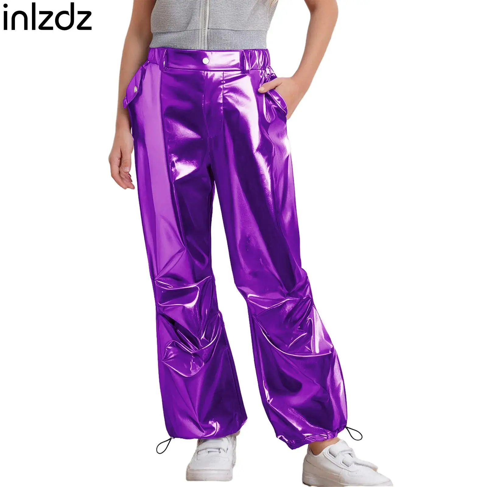 

Teen Girls Stretchy Hip-Hop Pants Street Jazz Dance Costumes Kids Metallic Cargo Pants Children Drawstring Leg Opening Trousers