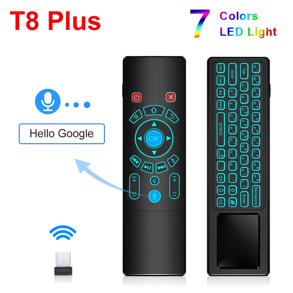 Controle remoto de voz para android tv box t9 x96max t8 plus, mini teclado sem fio, 7 cores touchpad retroiluminado, 2.4g