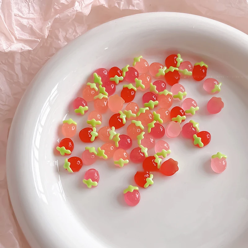 50 pièces créatif Kawaii gelée fraise cerise ongles breloques glace Transparent coloré fraise résine Nail Art décorations bricolage