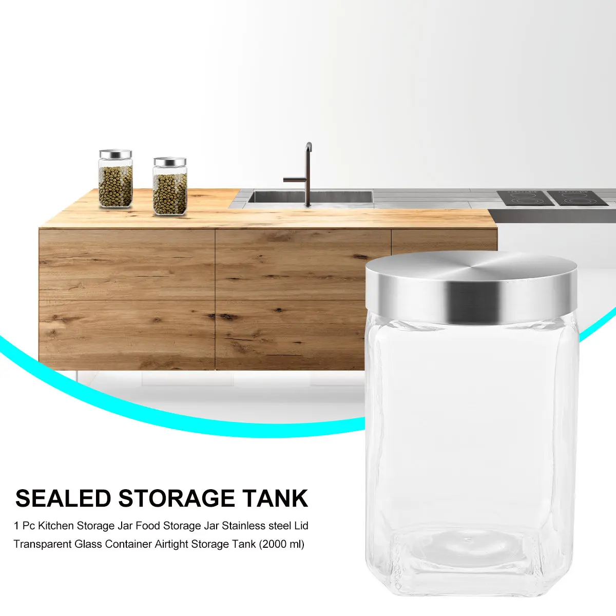 1Pcs High Borosilicate Glass Storage Jar 2000Ml Airtight Food Container for Grains Snacks Jam Tea Coffee Cereal Household