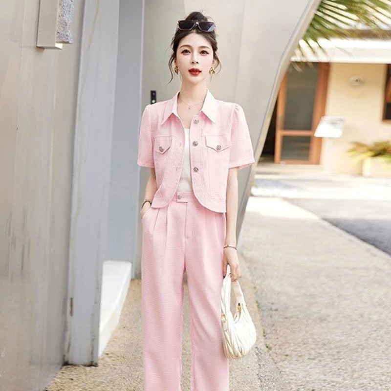 Woman's Spring and Summer Fragrance Style Short Blazer Coats Wide-leg Pants Suit Retro Casual Pocket Suit Pants Two-piece Sets