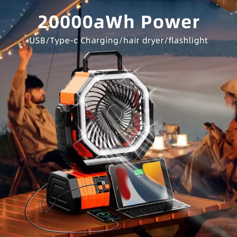 Custom 20,000 mAh Light Emitting Diode Light F6 Rechargeable Camping Fan 4 Speed Timer Portable with KC Battery