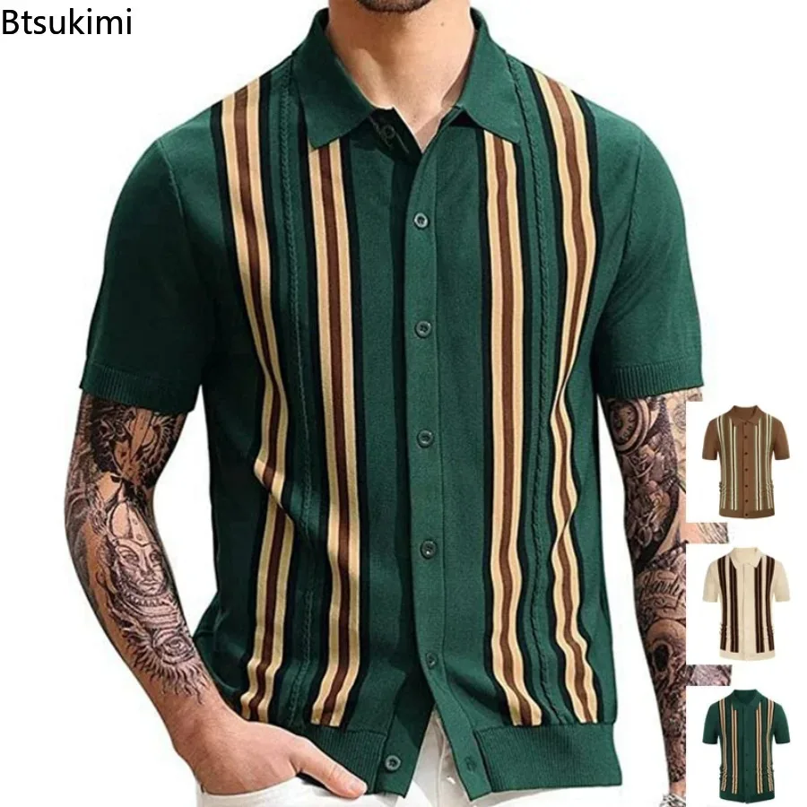 Polo de manga corta para hombre, cárdigan ajustado de punto para negocios, ropa de calle informal, Tops masculinos, primavera y verano, 2024