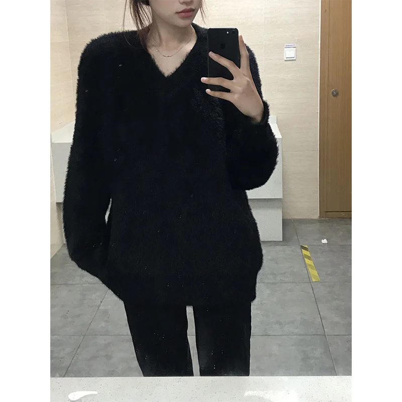 

Свободный свитер V-Ne Long Sve Bla, женский осенне-зимний 2023, новый вязаный свитер в стиле ретро Lazy Sle из искусственной норки irt