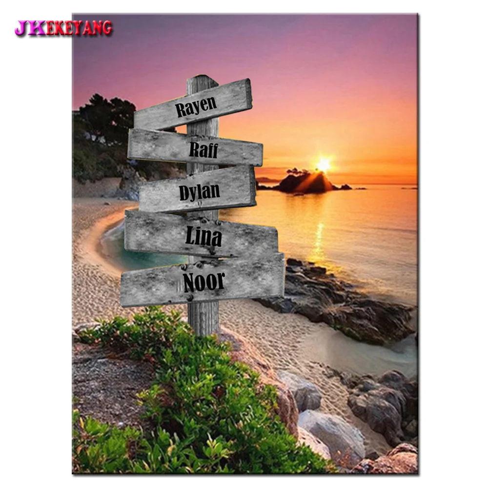 5D Diy Diamond Painting Custom Name Creative Road Signs Full Square Diamond Embroidery Beach Sunset Cross Stitch Decor Y4867